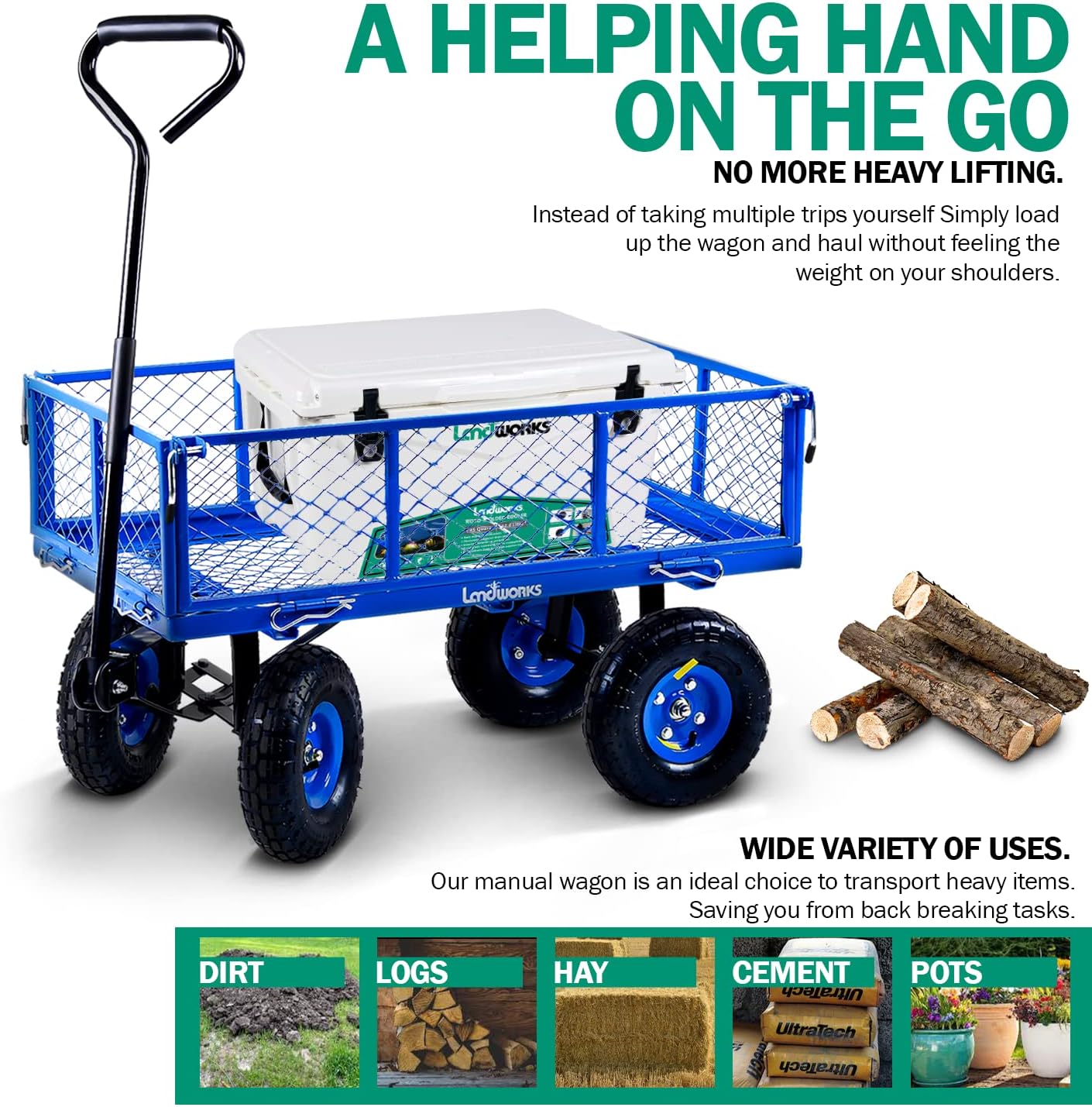 Landworks Lawn & Garden Utility Cart Beach Wagon, All Terrain, 400 lbs, Blue L983