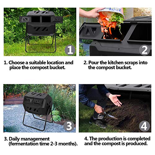 Outdoor Compost Bin Dual Chamber Tumbling 43 Gallon with Steel Frame, Black H3213