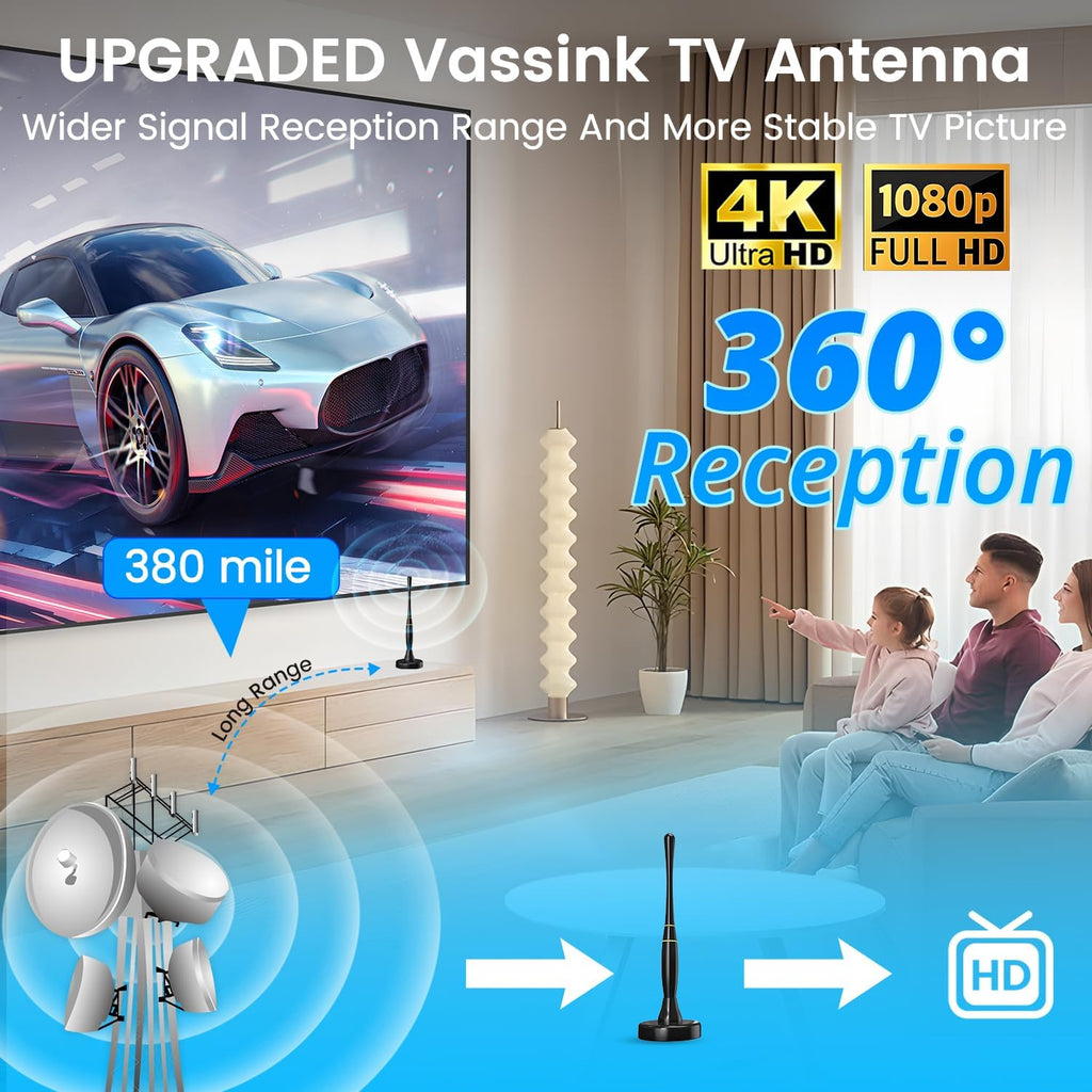 Vassink TV Antenna Indoor for Smart TV 4K HDTV, 380 Miles Range with 16.5FT Coax Cable S65536