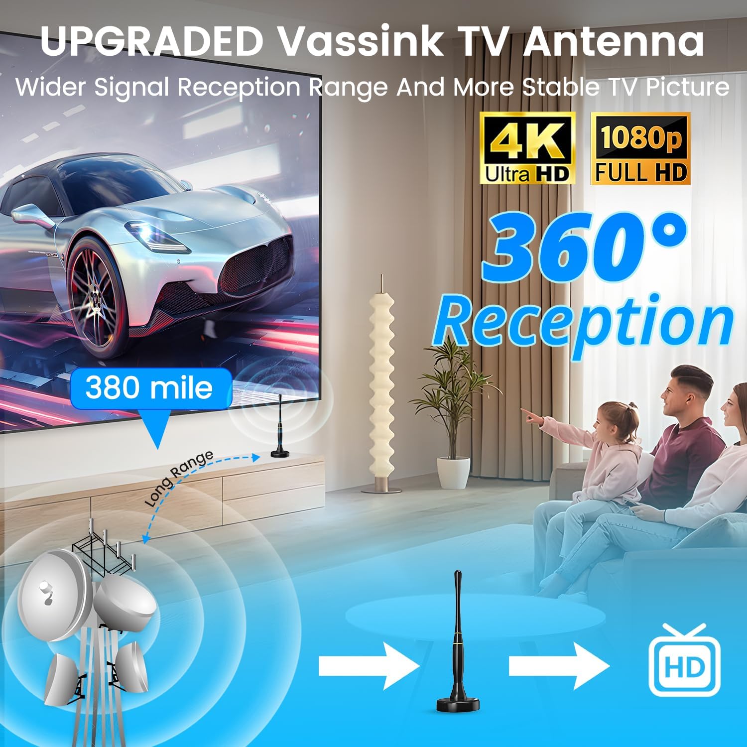 Vassink TV Antenna Indoor for Smart TV 4K HDTV, 380 Miles Range with 16.5FT Coax Cable S65536