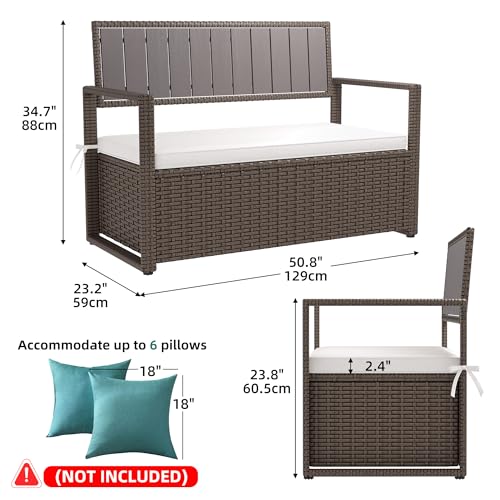 YITAHOME 90 Gallon Outdoor Wicker Storage Bench with Cushion, Black & Beige K940826