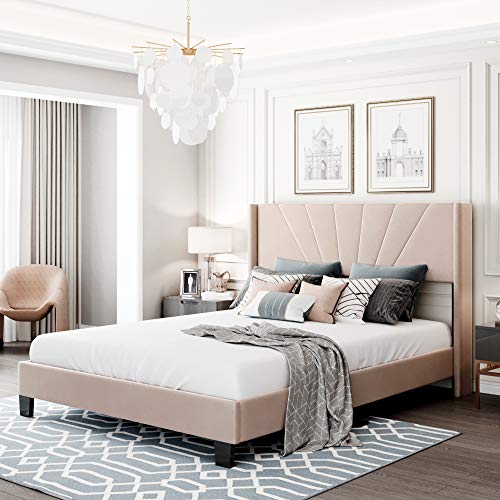 Queen Size Velvet Upholstered Frame with Headboard and Footboard, Platform Beds with Wood Slat Support, Box Spring Needed, for Bedroom, Pink