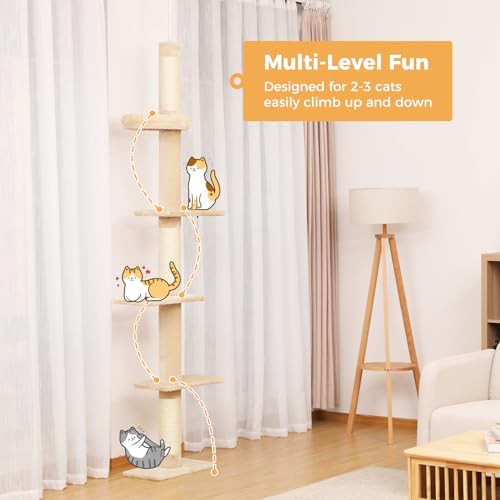 PETEPELA Cat Tower 5-Tier Adjustable Floor to Ceiling Cat Tree Grey G6821