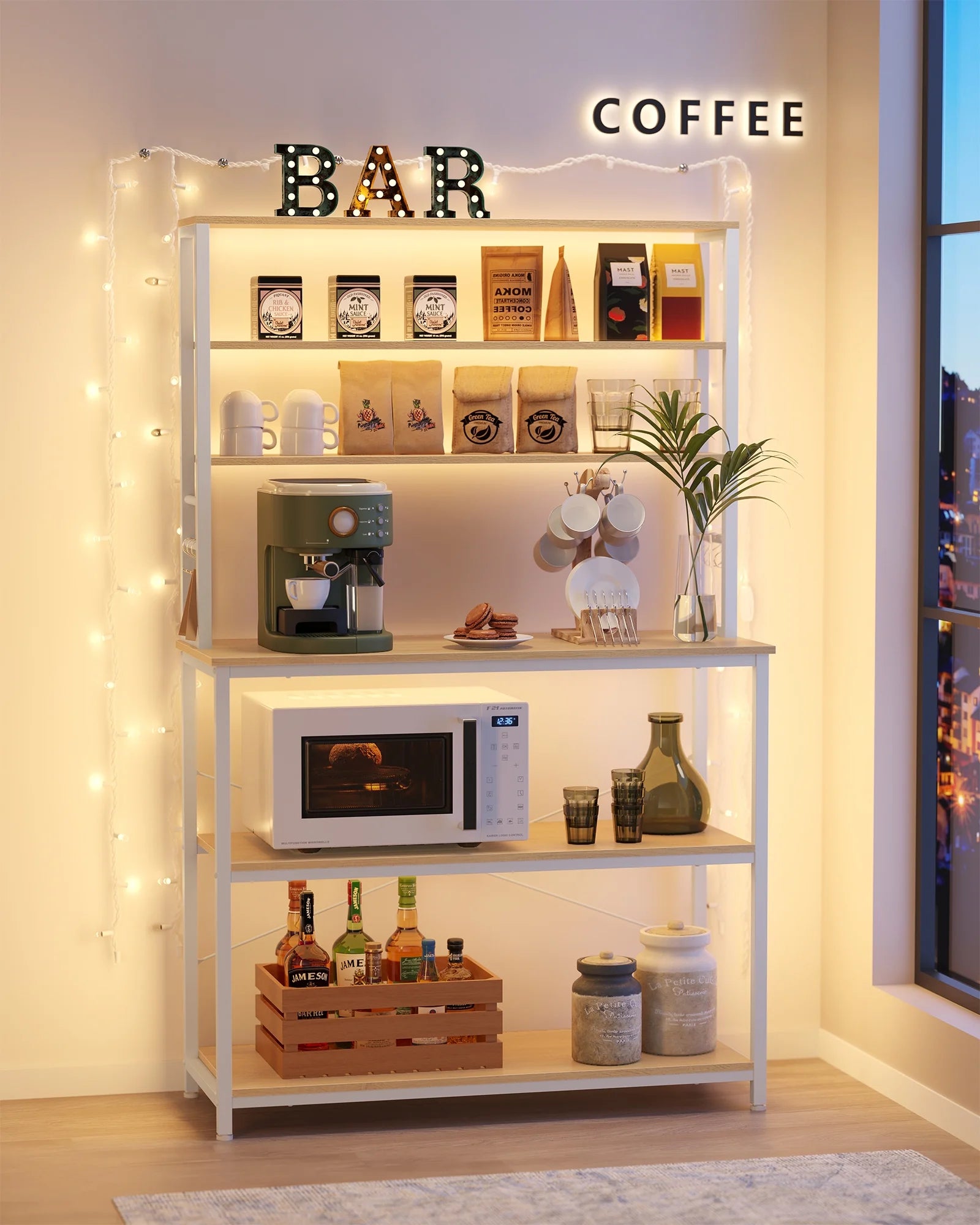 VASAGLE Coffee Bar Kitchen Baker’s Rack with Storage Shelf and 6 Hooks, Oak and White X692914