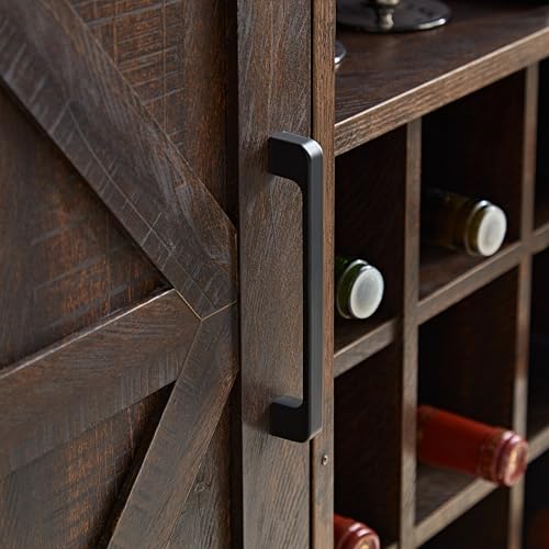 Dolonm Farmhouse Coffee Bar Cabinet with Wine Rack and Barn Door, Gray Wash Y4648