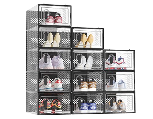 Shoe Storage, 12 Pack Shoe Organizer for Closet, Shoe Boxes Clear Plastic Stackable Shoe Containers with Lids for Size 10