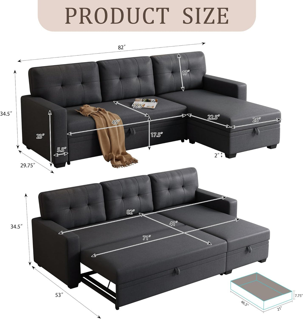 82" Upholstered Pull Out Sofa Bed with Storage Chaise, Dark Gray E40641