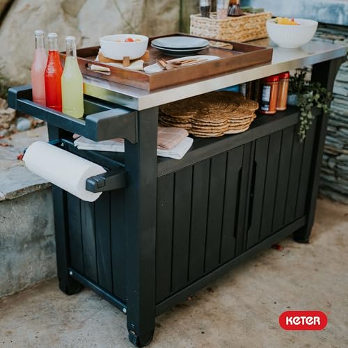 Keter Outdoor Rolling Table Cart with Wheels, Dark Brown V22486