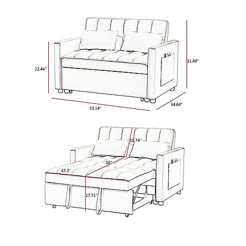 JINS&VICO 3 in 1 Sleeper Sofa Bed Convertible Couch with Side Pockets, Off White P38068