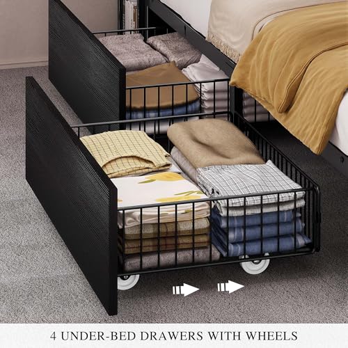 YITAHOME Queen Bed Frame with Bookcase Headboard and 4 Storage Drawers, Black L762695