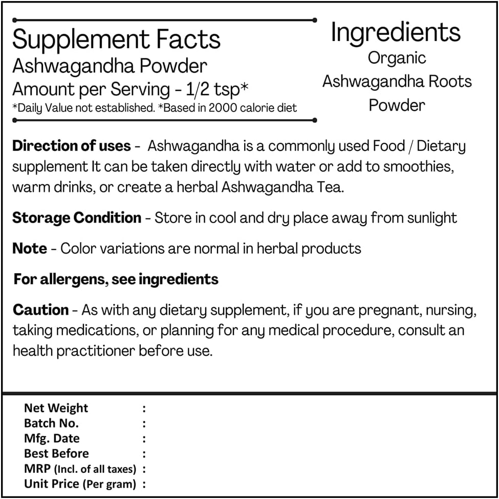 Organic Ashwagandha Powder USDA Certified 227g J760