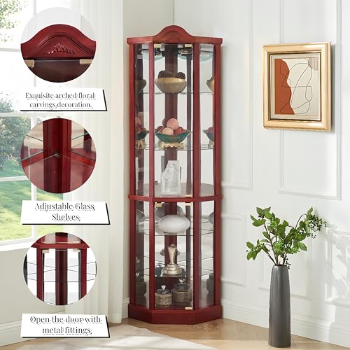 AMNOOL Glass Cabinet Lighted Antique Corner Curio Display Cabinet with Adjustable Shelves, Cherry W306442