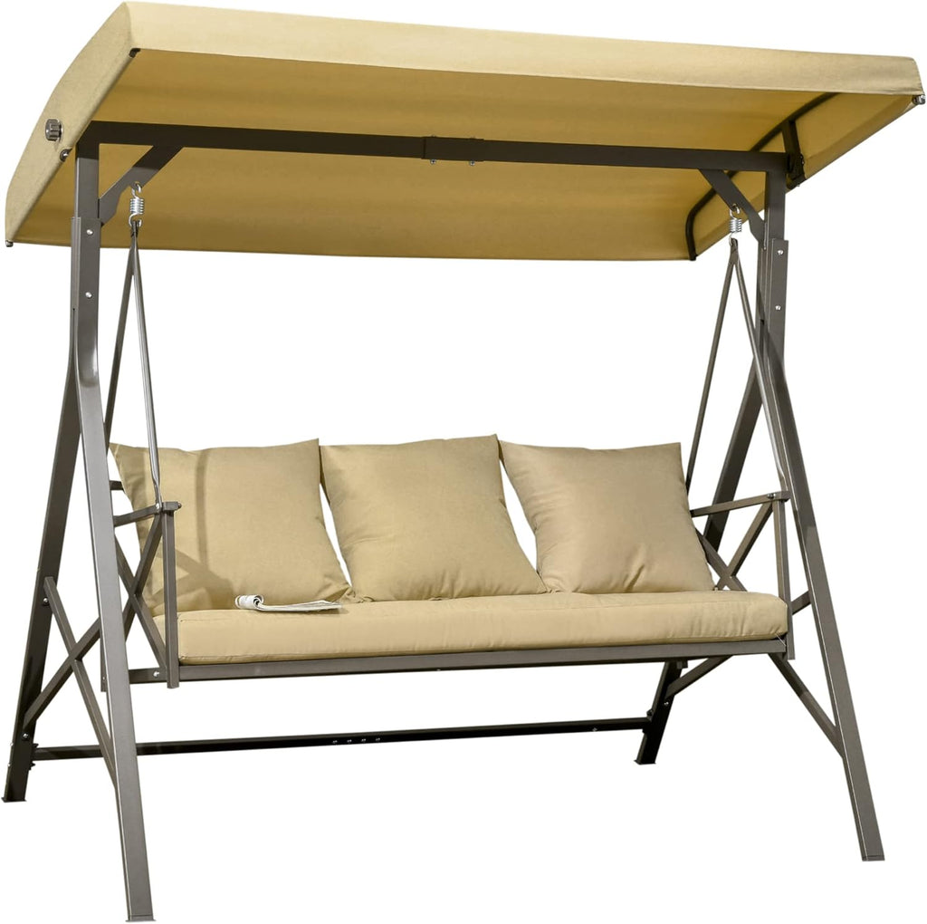 3-Seat Patio Swing Chair, Porch Swing Glider with Cushion, 3 Throw Pillows & Adjustable Canopy for Porch, Garden, Poolside, Backyard, Khaki