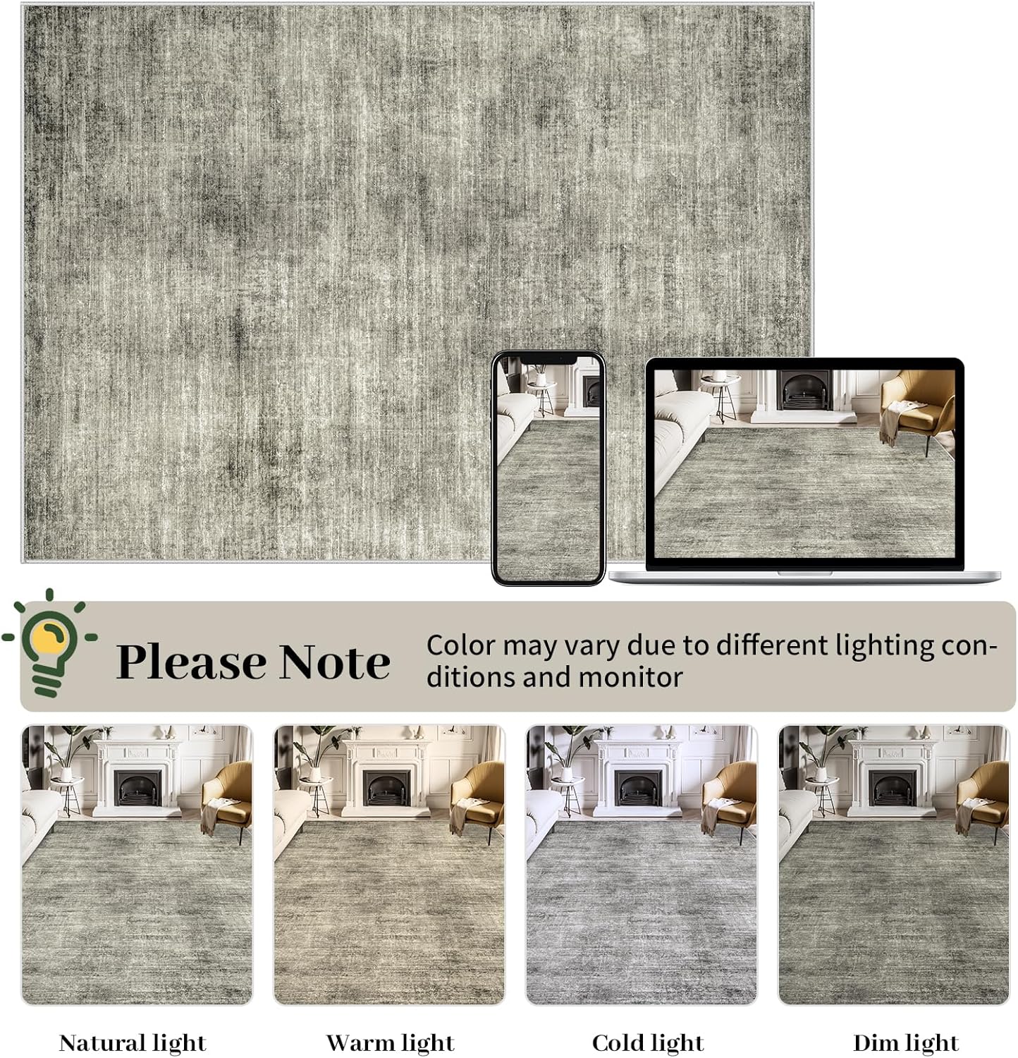 Washable 9x12 Area Rug for Living Room, Non Slip, Grey R768683
