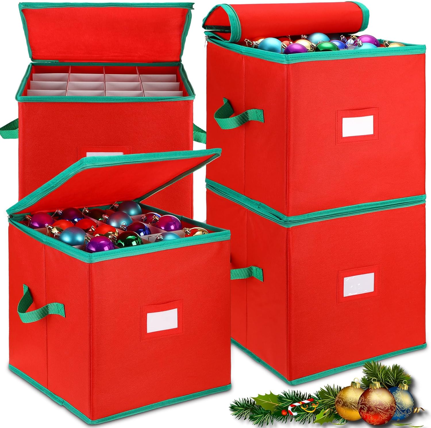 4 Pcs Christmas Ornament Storage Box 16 Trays for 256 Holiday Ornaments in Total 3 Inch Ornament Organizer Storage Container with Adjustable Dividers Dual Zipper Closure Xmas Holiday Ornament