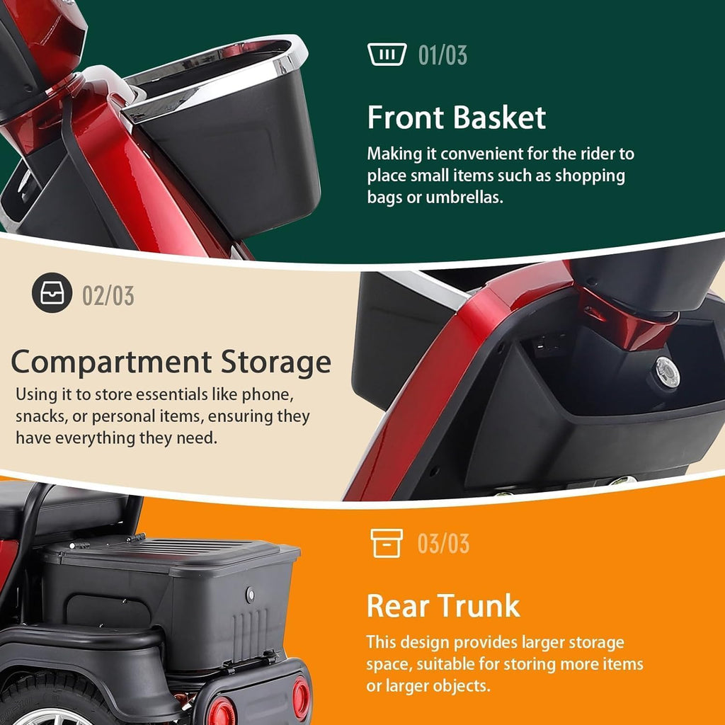 3 Speed 1000W 2 Seater Mobility Scooter with Bluetooth Speaker, Red D555