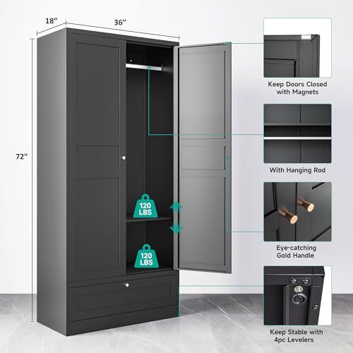 Metal Wardrobe Cabinet with Doors, Adjustable Shelves and Hanging Rod, 72" M706077