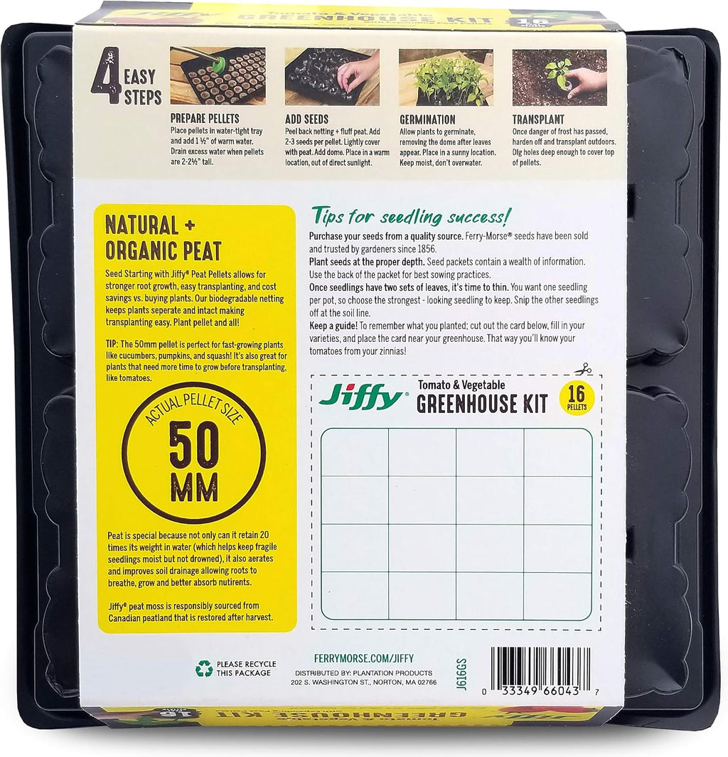 Jiffy 50mm Seed Starting Greenhouse Kit with 16 Peat Pellets & Plant Labels D311