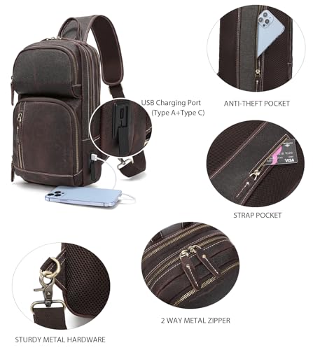 LANNSYNE Full Grain Leather Sling Bag for Men Crossbody Chest Daypack T245630