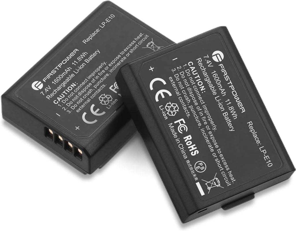 FirstPower Replacement LP-E10 Batteries Compatible with Canon EOS Rebel T3, T5, T6, T7, T100, Kiss X50, Kiss X70, 1100D, 1200D, 1300D, 2000D Cameras (2-Pack 1600mAh)