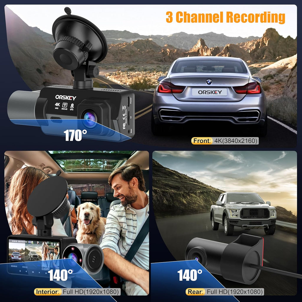 Orskey 4K Dash Cam Front and Rear Inside, 3 Channel, Built-in GPS, 64GB Card H130976
