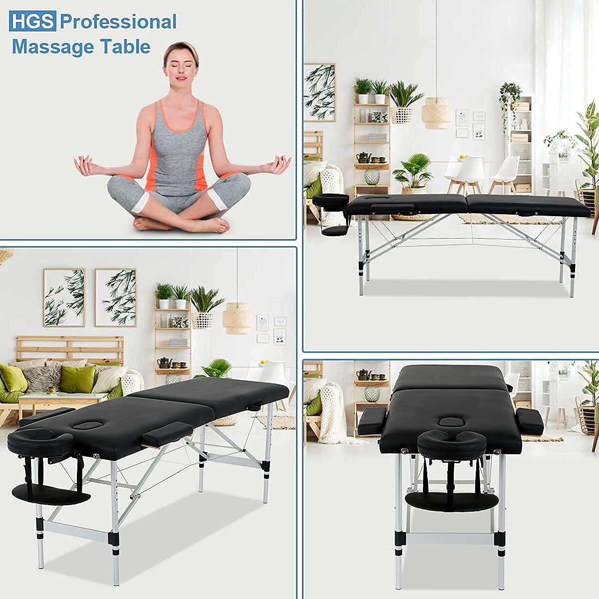 Aluminium Massage Table 2 Fold 73 Inch Portable with Armrest, Black S357178