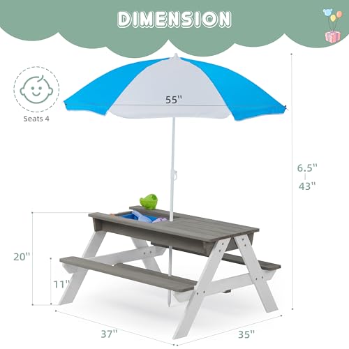 Wooden 3-in-1 Sand & Water Table with Umbrella for Kids Outdoor Play E7312