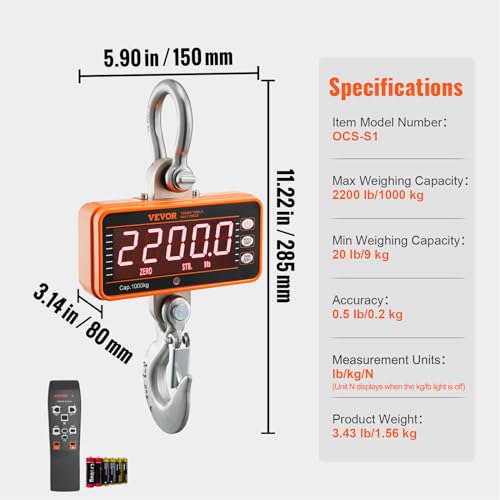 VEVOR Crane Scale 2200 lbs/1000 kg Digital Hanging Scale with Remote Control Q521961