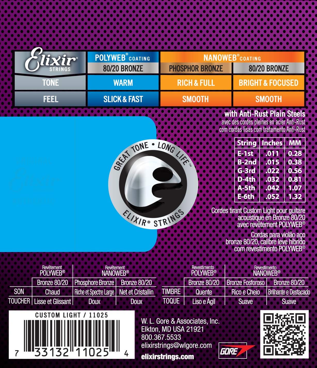 Elixir Acoustic Guitar Strings 80/20 Bronze POLYWEB Coating, Custom Light 11-52 B66334
