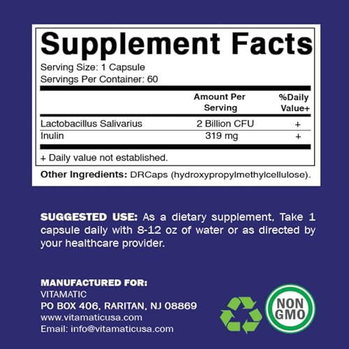 Vitamatic Lactobacillus Salivarius 2 Billion DR Capsules, 60 Count J972086