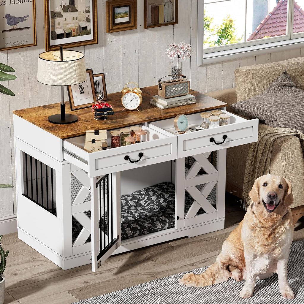 Large Dog Crate Furniture with Drawers Storage and Locks R205