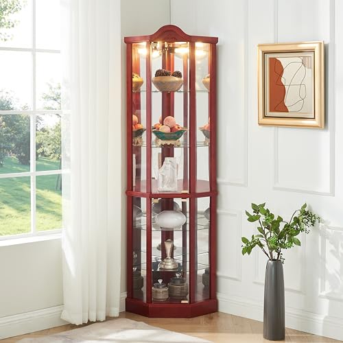 AMNOOL Glass Cabinet Lighted Antique Corner Curio Display Cabinet with Adjustable Shelves, Cherry W306442