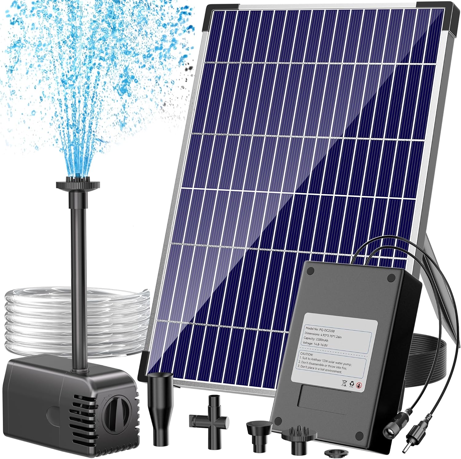 Antfraer Solar Pond Pump with 2200mAh Battery Backup, 12W Solar Fountain Pump 160GPH Flow Adjustable with 6.6FT PVC Tubing, Solar Powered Water Pump for Fish Pond Garden Waterfall Hydroponics