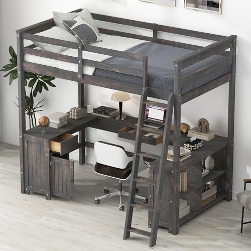 Harper & Bright Designs Full Size Loft Bed with Desk and Bookshelf, Solid Wood, White Y879