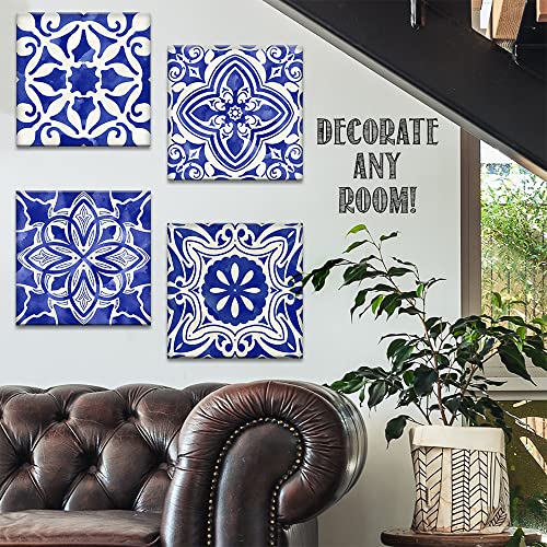 Blue Mosaic Mexican Spanish Tiles Canvas Wall Art 4 Panels Ready to Hang F5386