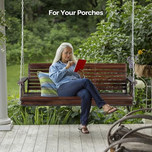 VINGLI Patio Wooden Porch Swing Chair with Hanging Chains, 5 FT, White W381253