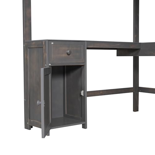 Harper & Bright Designs Full Size Loft Bed with Desk and Bookshelf, Solid Wood, White Y879