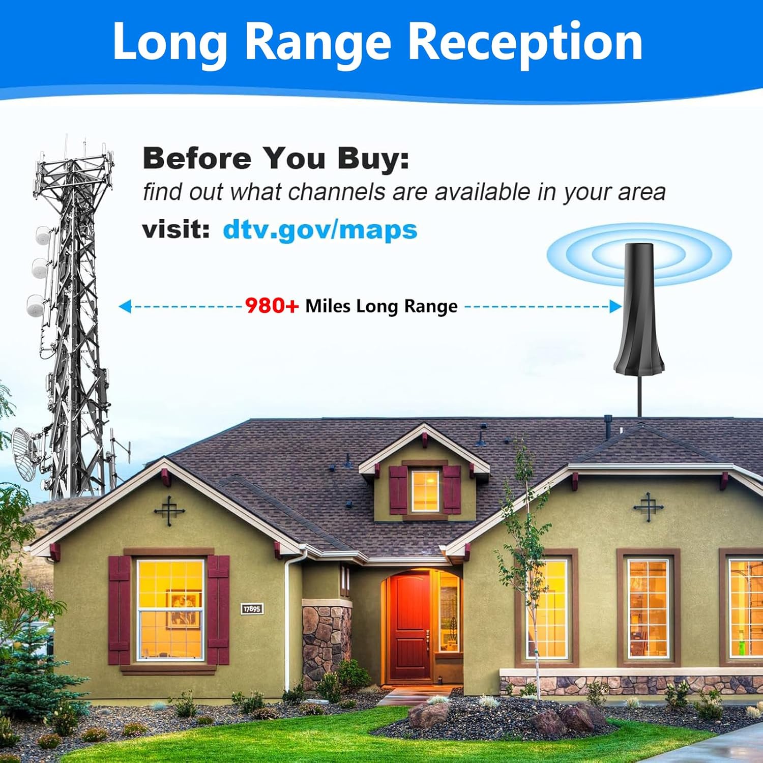 2024 Digital TV Antenna for Smart TV, Indoor Outdoor, 4K 1080P, 360° Reception with 25ft Coaxial Cable Q854
