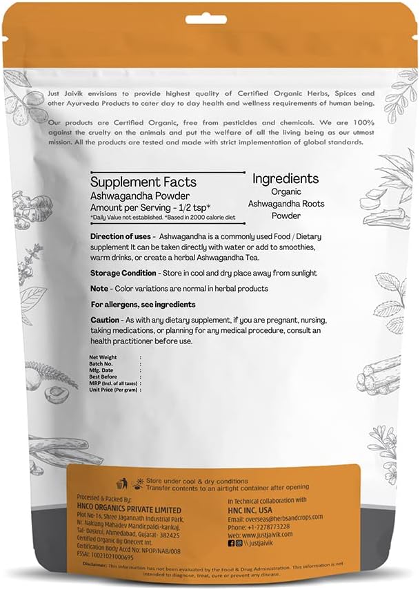Organic Ashwagandha Powder USDA Certified 227g J760