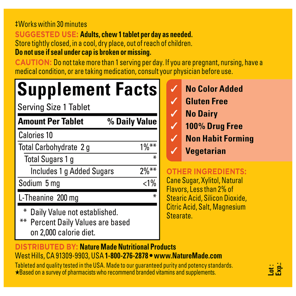 Nature Made Chewable L-Theanine 200mg, 50 Tablets Y515