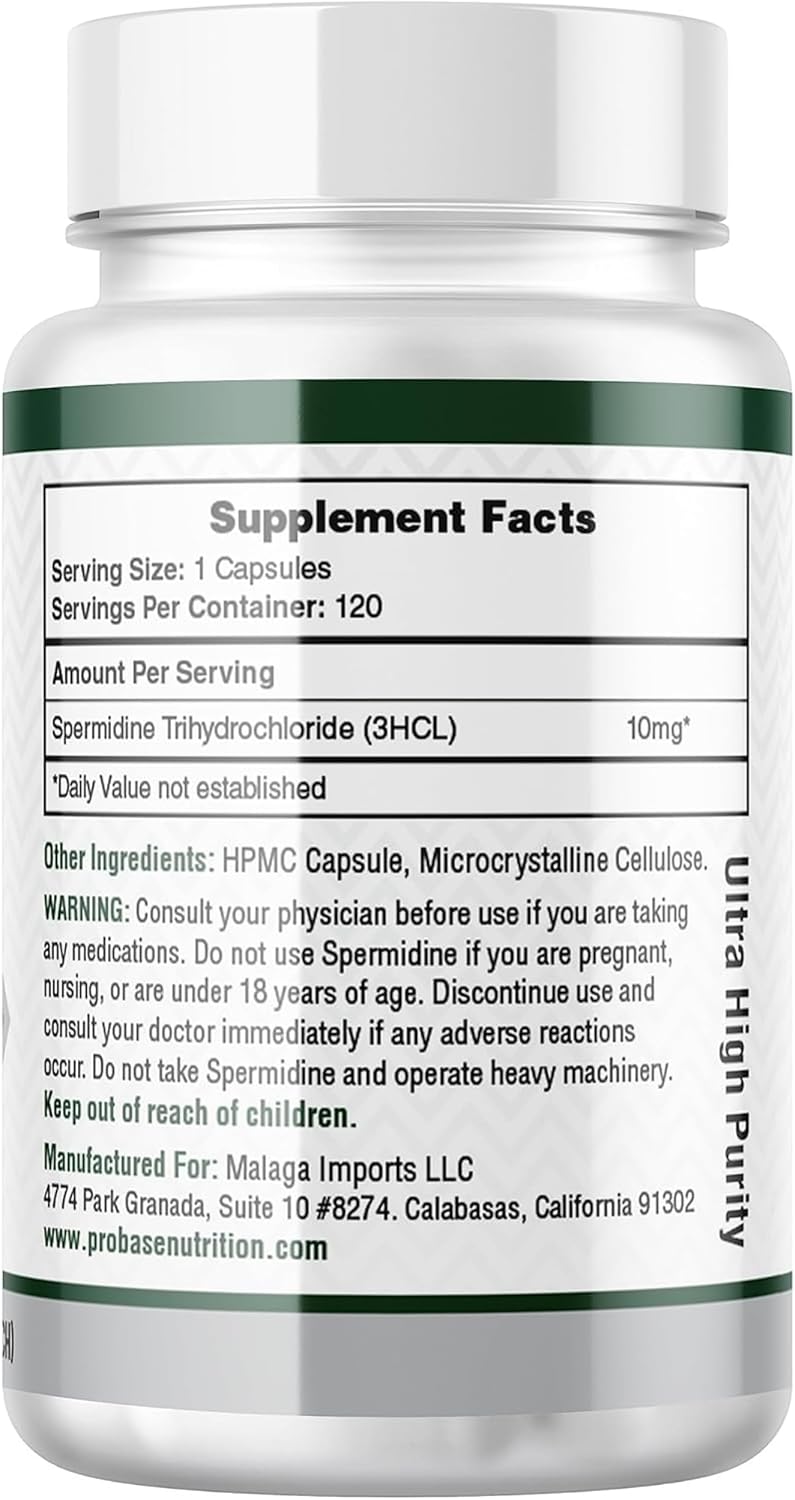 Spermidine 3HCL 10mg 120 Capsules - Telomere Health and Aging Support K807983
