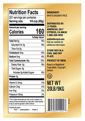 Authentic Royal Naturally Aged Long Grain Indian White Basmati Rice 20 Pound H231571