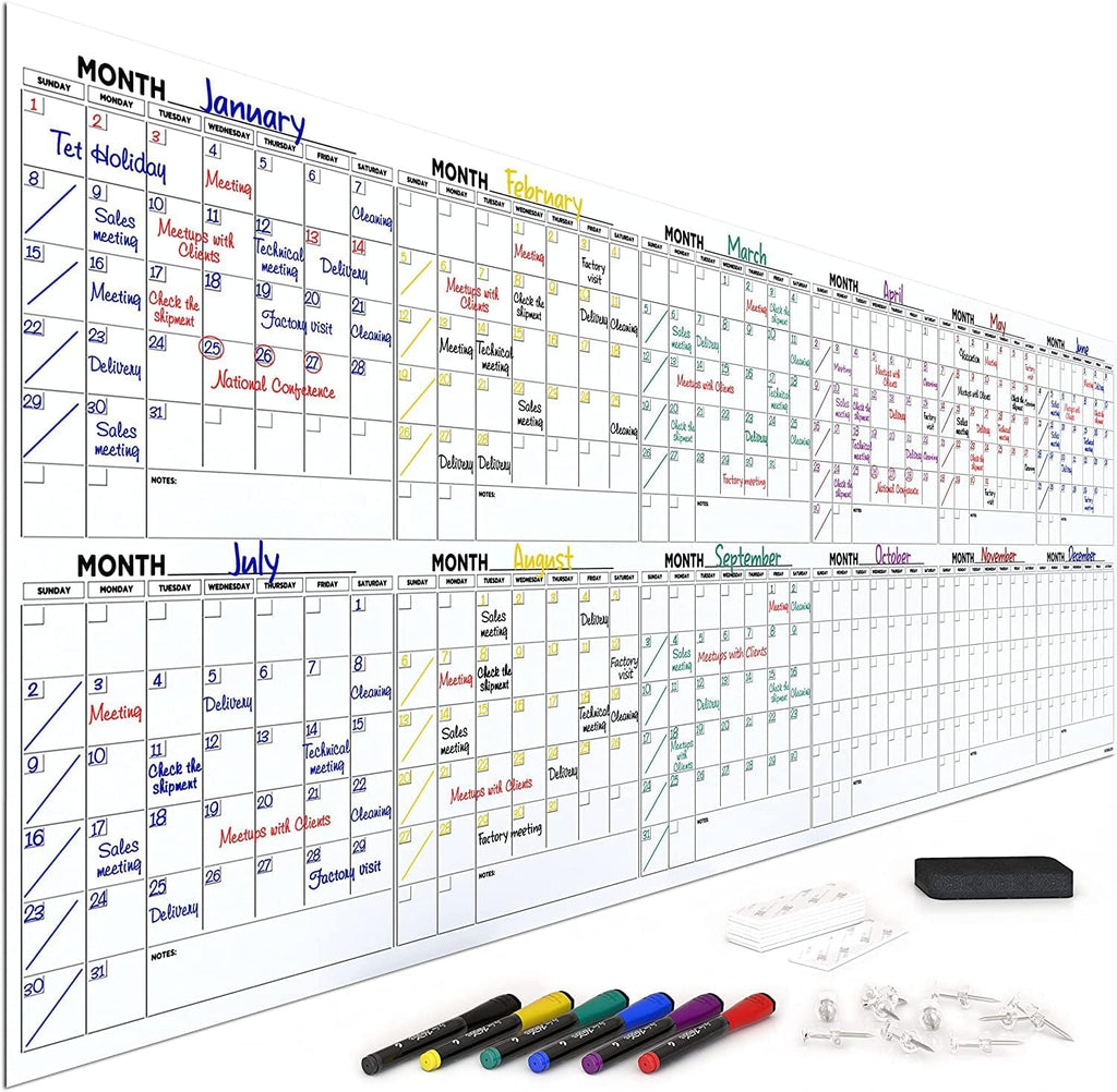 Extra Large 100"x36" White Board Calendar Dry Erase Calendar for Wall 12 Month Planner Big Dry Erase Wall Calendar 2024 Monthly Large Wall Calendar Includes 6 Markers Eraser Push Pins & Mounting Tape