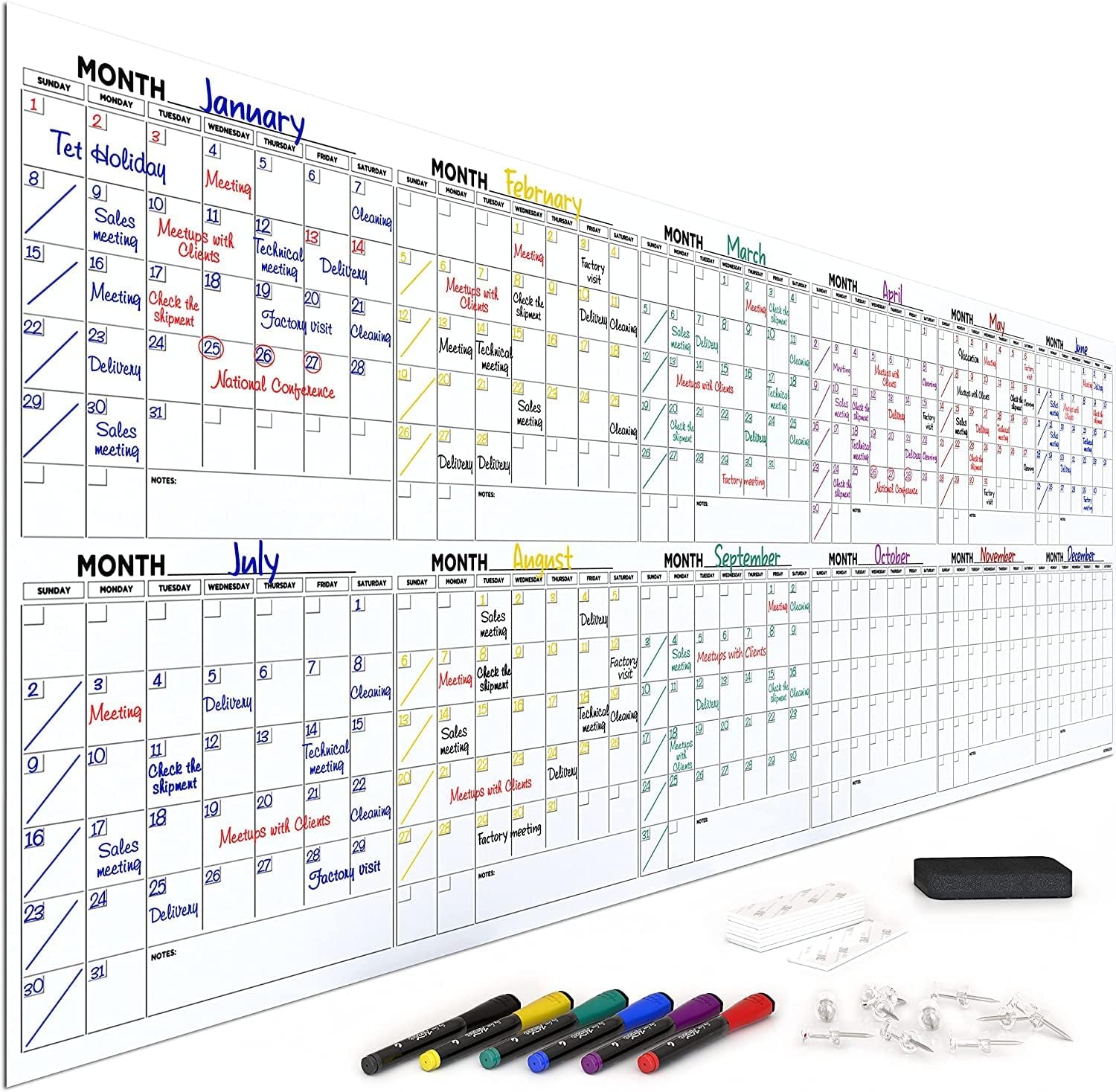 Extra Large 100"x36" White Board Calendar Dry Erase Calendar for Wall 12 Month Planner Big Dry Erase Wall Calendar 2024 Monthly Large Wall Calendar Includes 6 Markers Eraser Push Pins & Mounting Tape