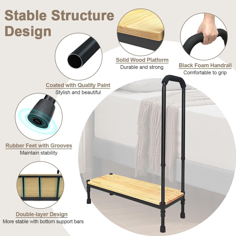 Zelen Bed Step Stool with Handle for Elderly, Adjustable Height Safety Foot Stool E115658