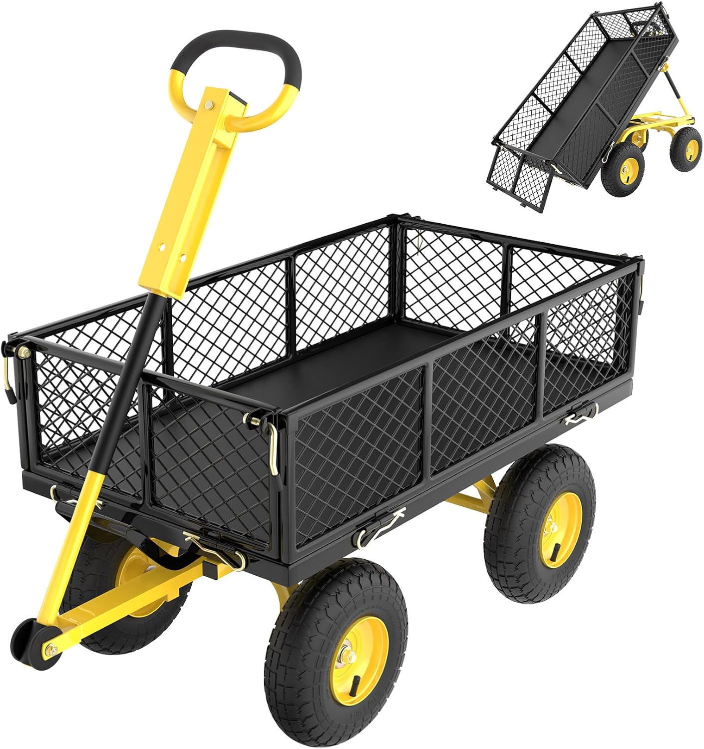 Garden Cart, Heavy Duty 900 Lbs Capacity Mesh Steel Garden Dump Cart, Folding Garden Wagon with Removable Mesh Sides, Utility Metal Wagon with 180° Rotating Handle and 10-inch Wheels