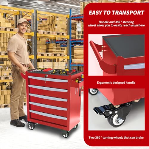 Rolling Tool Chest, Metal Tool Box with 5 Drawers, Lockable Garage Storage Cabinet Q978