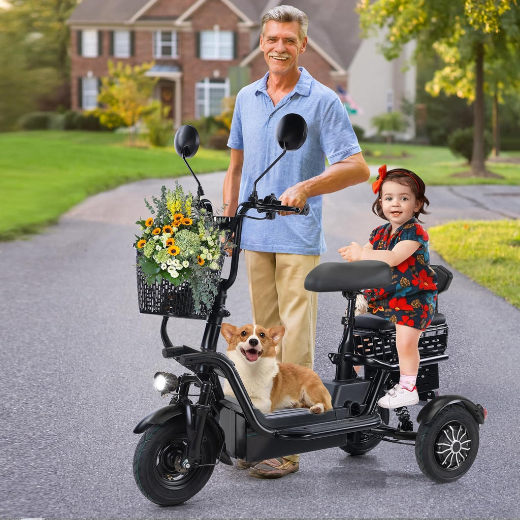 Electric Bike for Adults Seniors Foldable Tricycle w/3 Seats, 3-Wheel Adult Electric Bicycles Trike Ebike Cruiser with Baskets for Shopping Cycling, LED Display, Lights, 48V 400W, Black