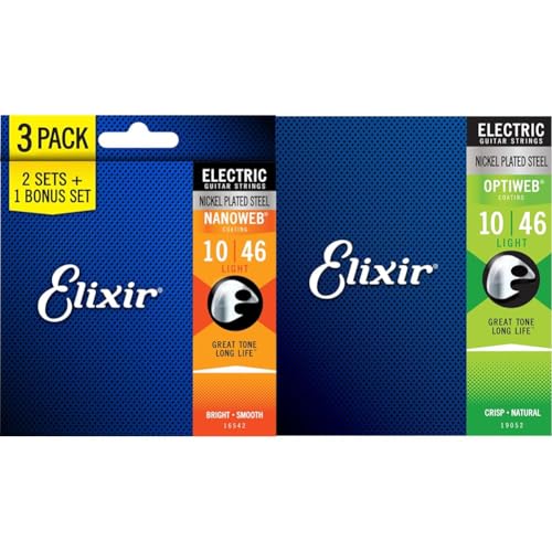 Elixir Strings, Electric Guitar Strings, Nickel Plated Steel with NANOWEB Coating, Longest-Lasting Bright Tone with Comfortable Feel, 6 String Set, 3 Pack, Light 10-46