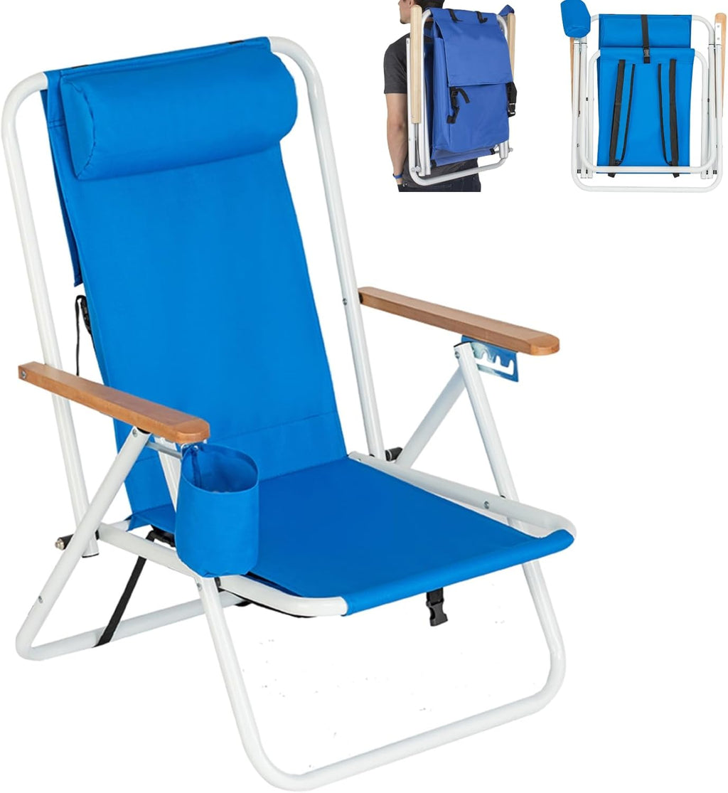 Backpack Beach Chairs for Adults - Folding Heavy Duty Camping Chair with Storage Pouch, Cup Holder & Adjustable Headrest, Lightweight Lounge Chair for Outdoor, Travel, Blue